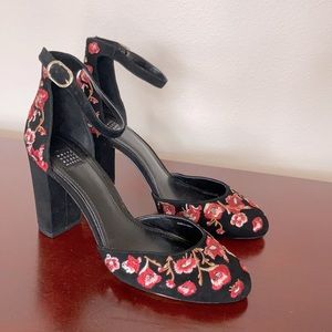 WHBM - floral embroidered suede heel
